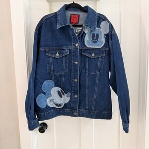 Forever 21 Disney Mickey Mouse Denim Trucker Varsity Jacket Med Wash Patchwork M